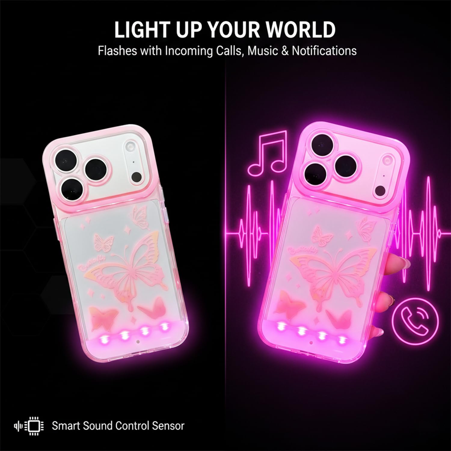 LED-Schutzhülle für 11, 12, 13, 14, 15, 16, 17 Pro Max, niedliches und schützendes Telefon (Schmetterling, iPhone 13 Pro Max)
