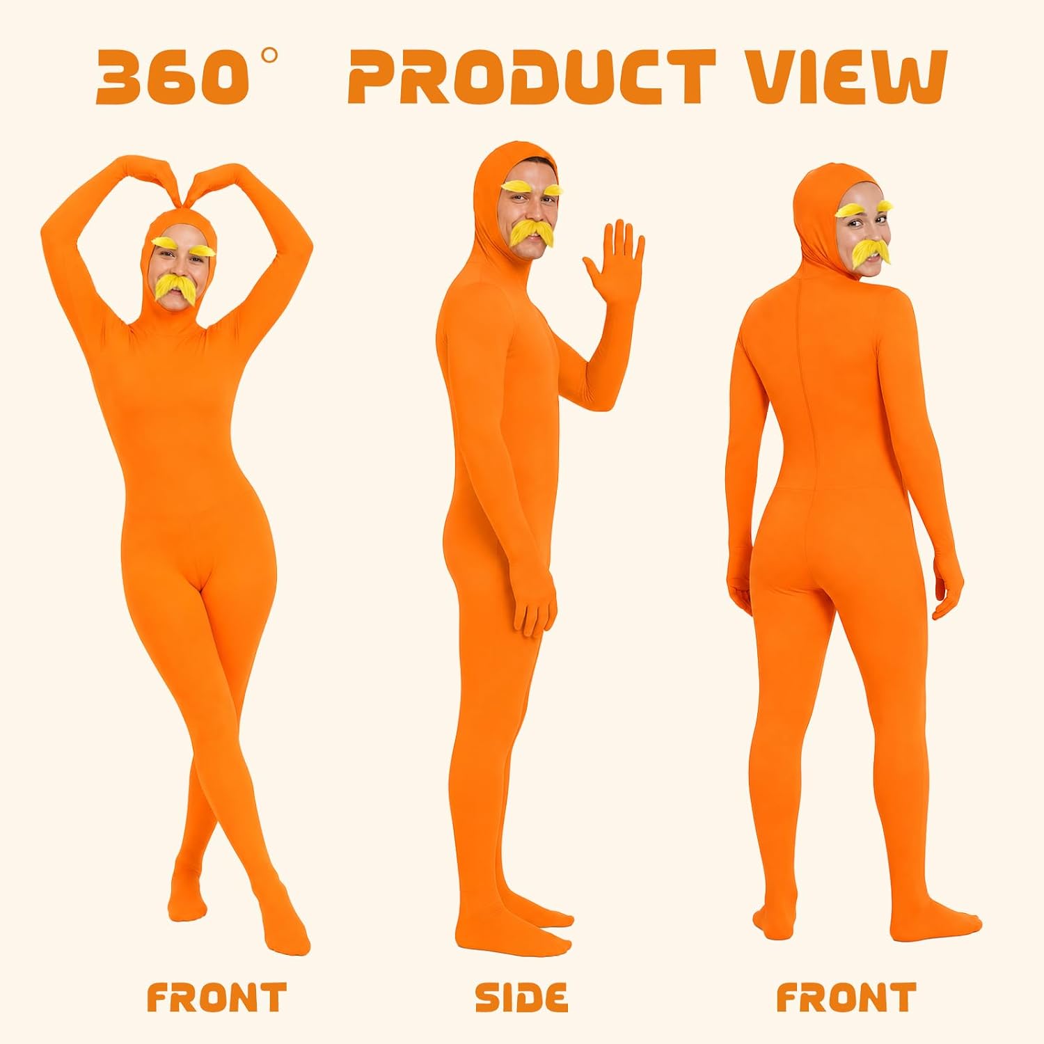 3 PCS Orange Jumpsuit Costume Face Open Spandex Bodysuit Halloween Onesie