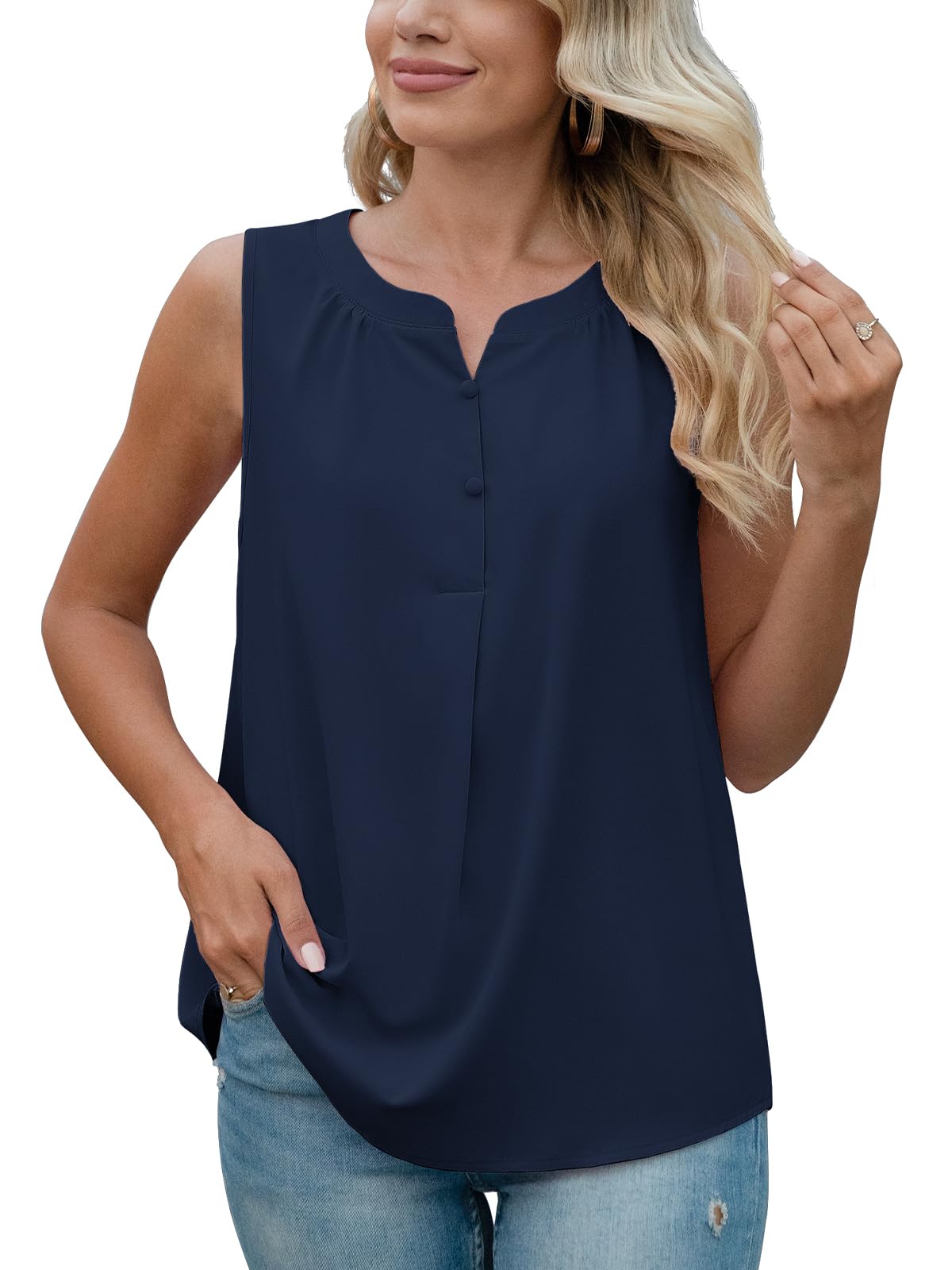 QUEZHUWomen's Summer Sleeveless Chiffon Tank Tops Blouses Work Casual V Neck Button Blouses Shirts Tops