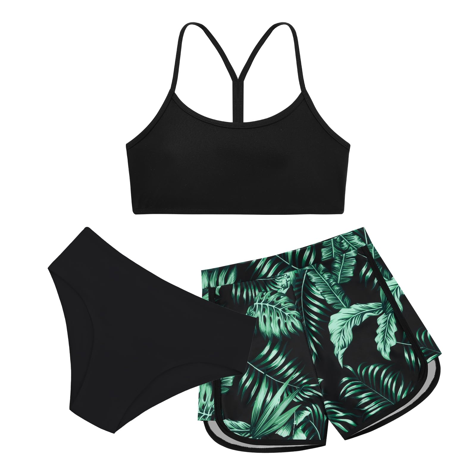 Girls 3 Piece Swimsuit Bathing Suits Solid Bikini Set with Printed Sports Shorts Swimwear for 9-16Y Teen Girls