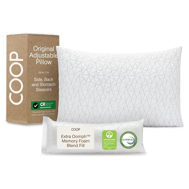 Coop Home Goods Original Adjustable Pillow shown in queen size with hidden side-zipper for fill adjustment
