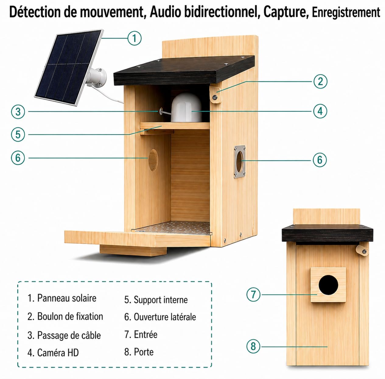 Nichoir intelligent avec caméra Wi-Fi 5 MP – Nichoir à énergie solaire pour observation des oiseaux en direct, détection de mouvement et alertes par application, nichoir en bois résistant aux