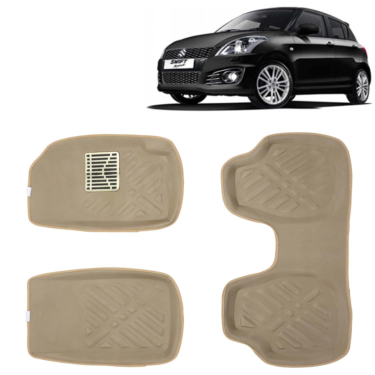 KINGSWAY® 4D Car Floor Foot Mats Compatible with Maruti Suzuki Swift (Year 2011-2017) - Complete Set of 3 Pieces, Top-Notch PVC Material, Washable, Beige