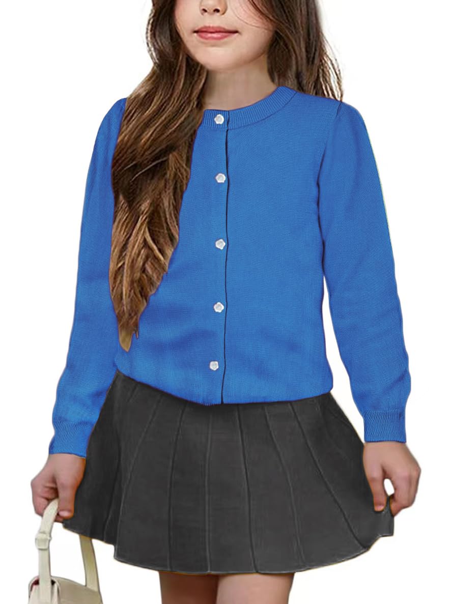 Girls' Cardigan Sweater [Cute Petal Buttons] Cotton Long Sleeve Crewneck Uniform Sweater for 5-14 Years Girls