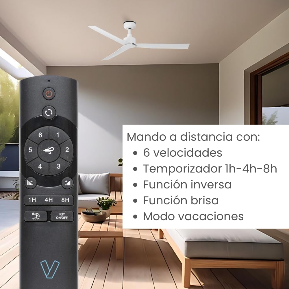 / RIVER/Ventilador de techo blanco para exterior sin luz Ø125 cm/Ultrasilencioso, bajo consumo, 6 Velocidades, mando a distancia con temporizador, verano-Invierno