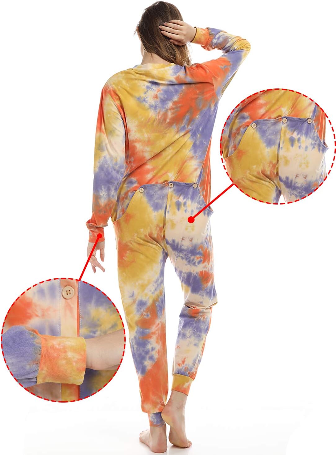 Lifeye Womens Onesie Pajamas Romper Sleepwear Set Tie Dye Long Sleeve Jumpsuit Homewear with Drop Seat Butt Flap - Image 7