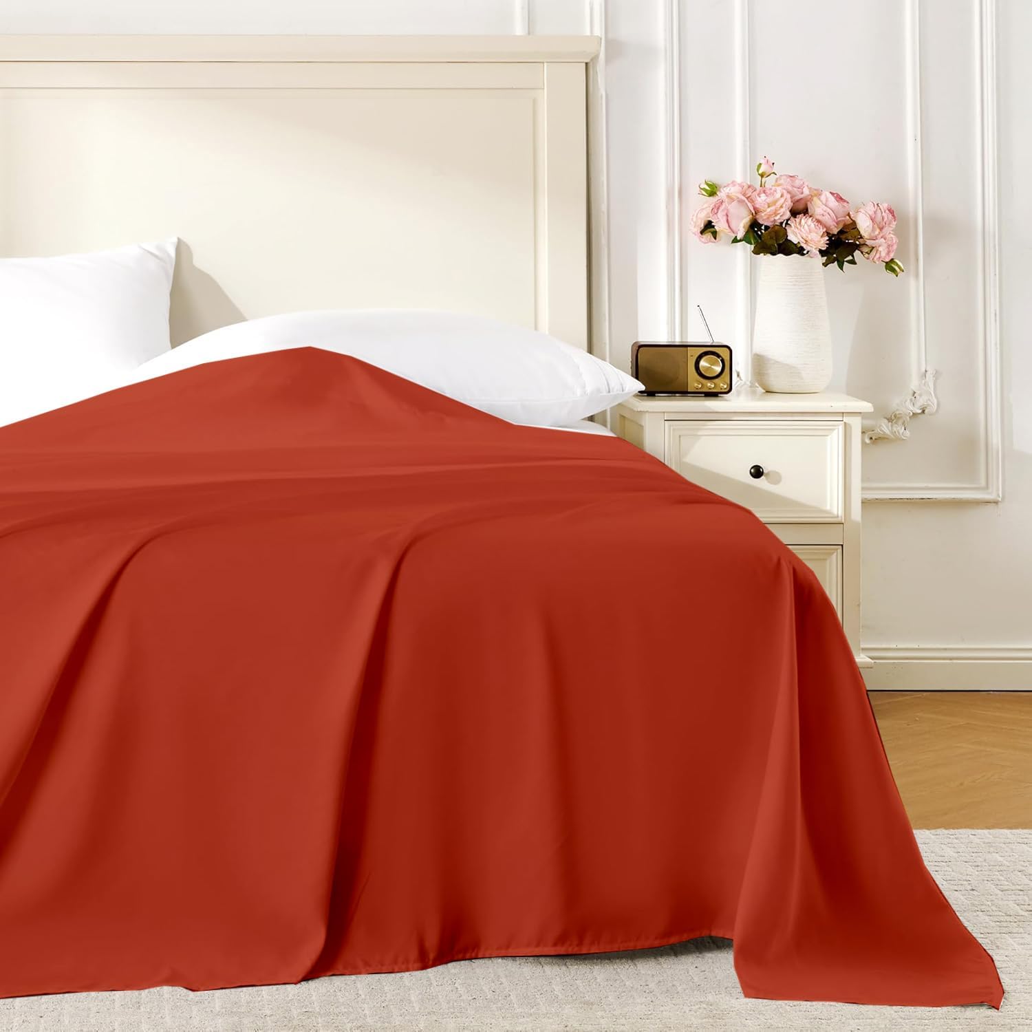 Flat Sheet Only Brick Red 1000 Thread Count Egyptian Cotton Top Sheet - Twin XL - 66 x 100 Inches - Soft Winkle & Fade Resistant Bedding Sheet