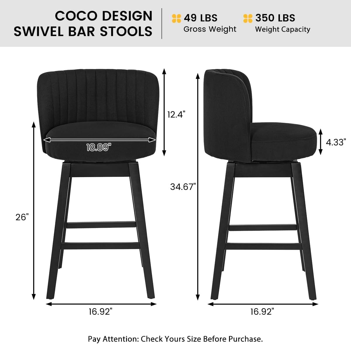 COCO DESIGN Swivel Bar Stools Set of 4, 26" Seat Height Mid Century Modern Bastools with Linen Upholstered Seat, Counter Height Chairs with Back & Solid Wood Legs for Bar Kitchen Island, Black