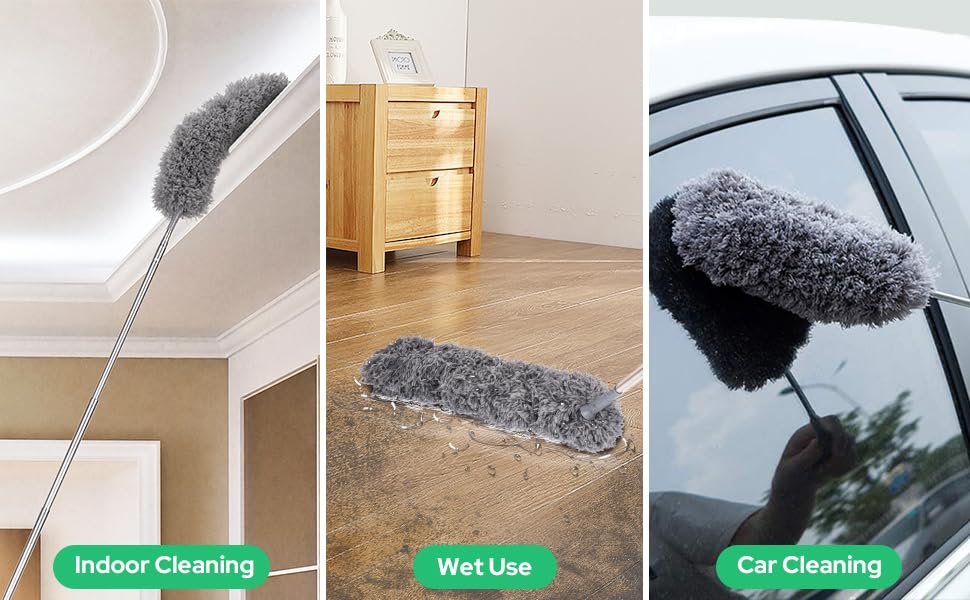 Image of 3 in 1 Microfiber Feather Duster Bendable & Extendable Pole 30-100 Inch Extra Long Extension Pole for Cleaning High Cobweb Stick High Ceiling Fan - Stainless Steel,Grey