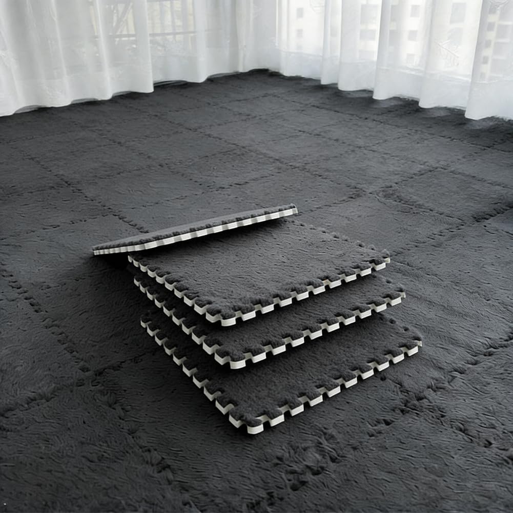 12 Pieces Plush Foam Mats Interlocking 30x30cm 12 Pieces with Border for Kids Living Room Bedroom (Black)