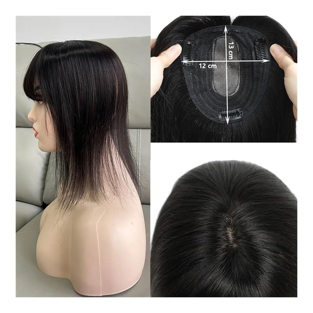 Toppers per capelli umani per donne con frangetta, base traspirante 12 x 13 cm con 3 clip antiscivolo per capelli radi, 10 pollici