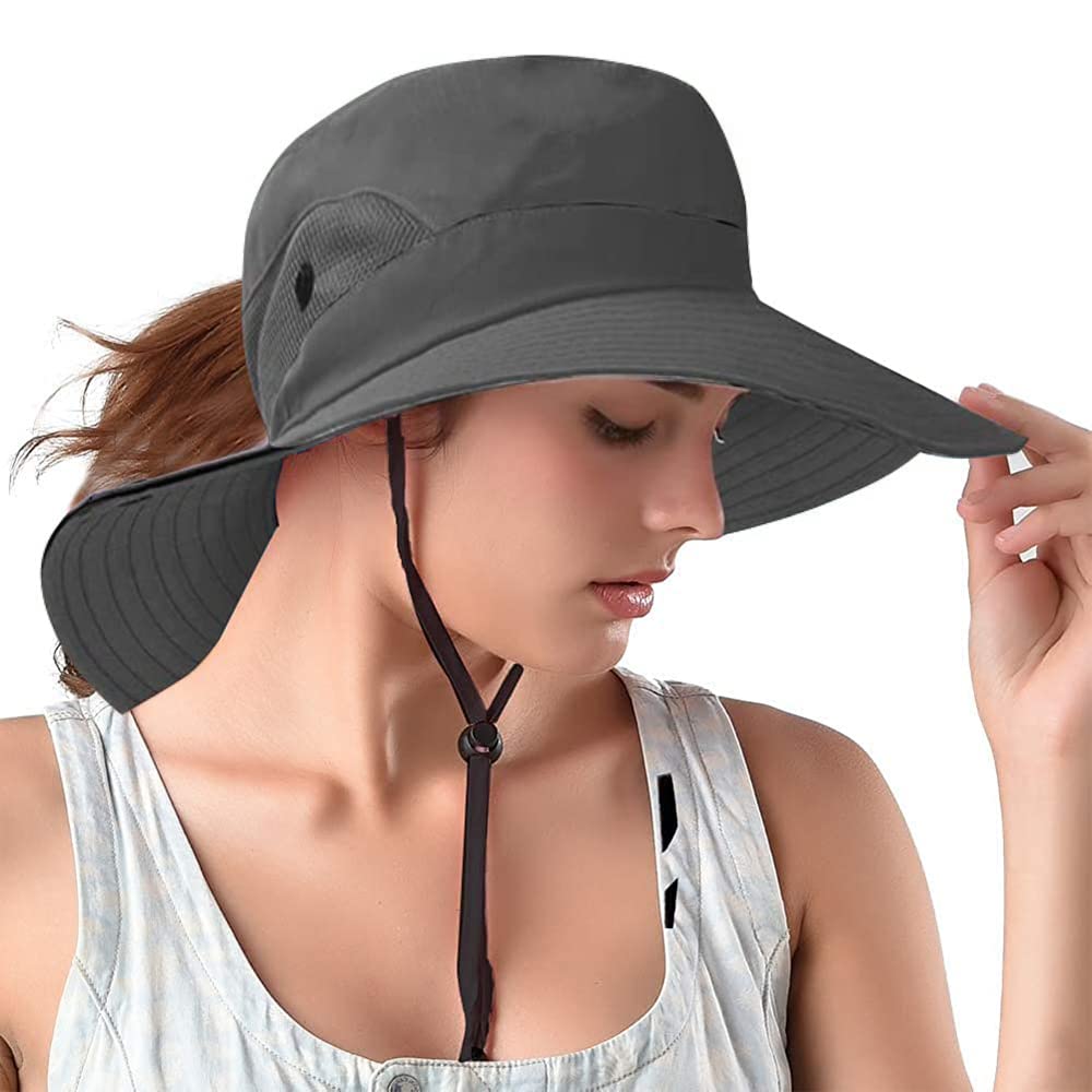 RosozPonytail Sun Bucket Hats for Women UV Protection Foldable Mesh Wide Brim Hiking Beach Fishing Summer Safari