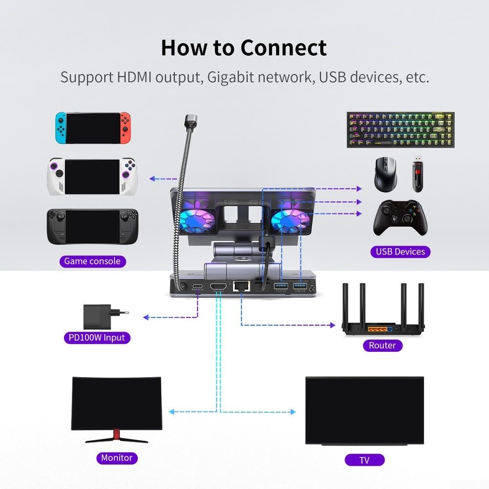6-in-1 Gaming-Dockingstation, integrierter Lüfter und RGB-Beleuchtung, 4K@60Hz, 100W PD-Ladefunktion, verstellbarer Ständer, tragbare Dockingstation für Steam Deck(Schwarz)
