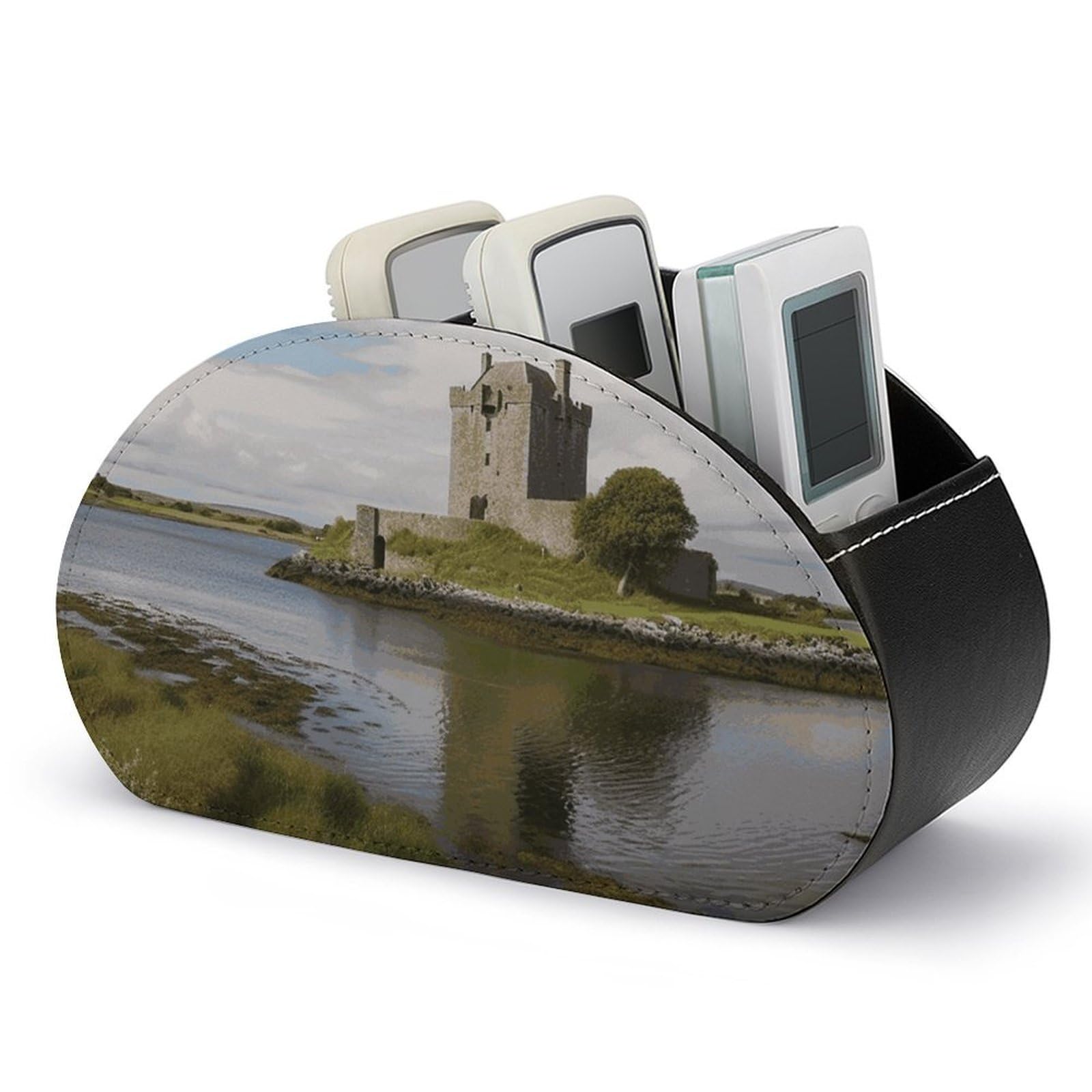 JTREHY View of The Dunguaire Castle Remote Control Holder with 5 Compartments Pu Leather Remote Caddy Box Multi-functional Deskt Holders Organizer Box Tray Bedside Table Storage Organizer
