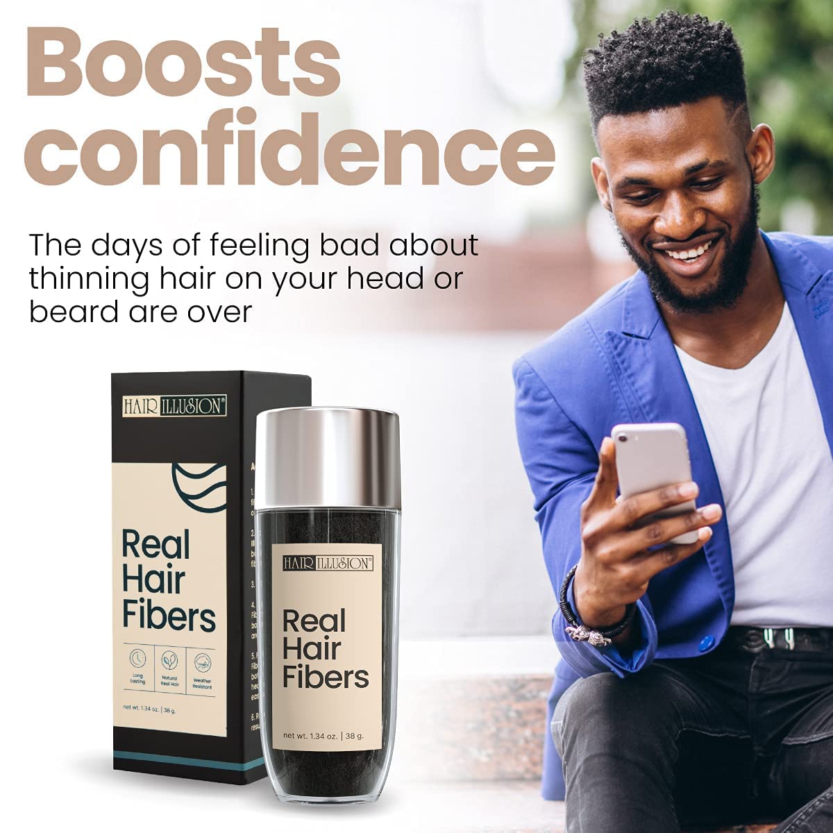 Hair Illusion Black Real Hair Fibers for Thinning Hair - 100% Natural Texture Non Synthetic Hair Fibers - Bald Spot Cover Up for Women & Men - 38 Gram - Pack of 2 product thumbnail 4