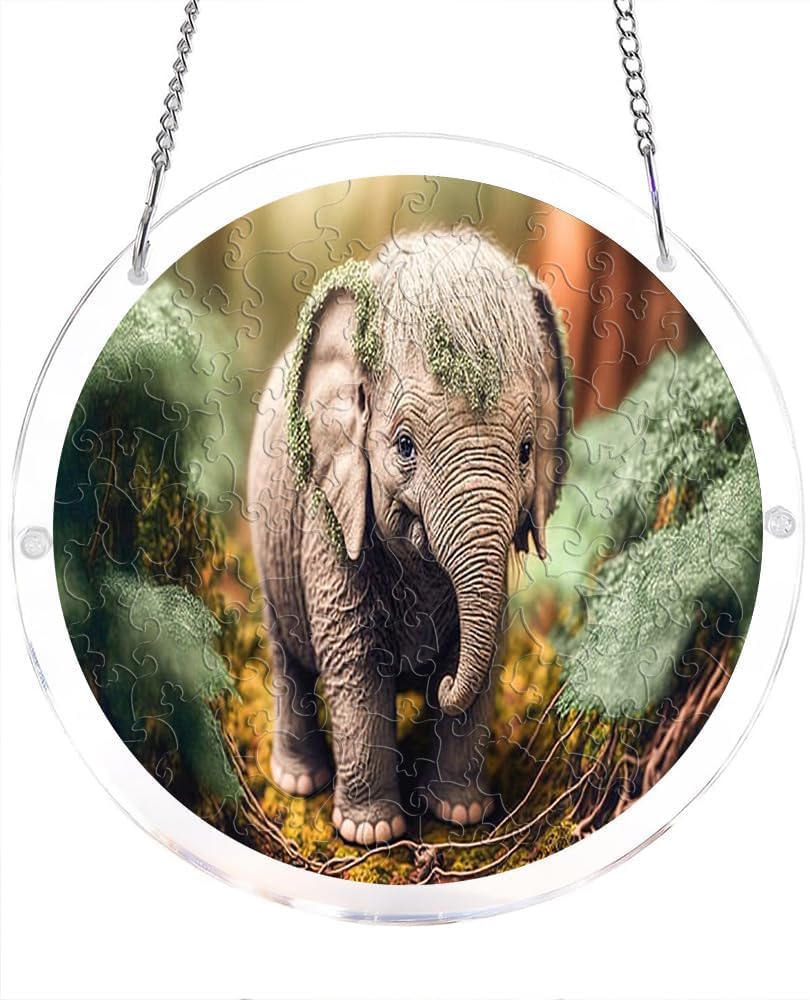 Baby Elephant in Forest Acrylic Jigsaw Puzzles Suncatcher, 8.2 Inch Window Hanging Suncatcher Acrylic Puzzle, DIY Home Decor Art Gift