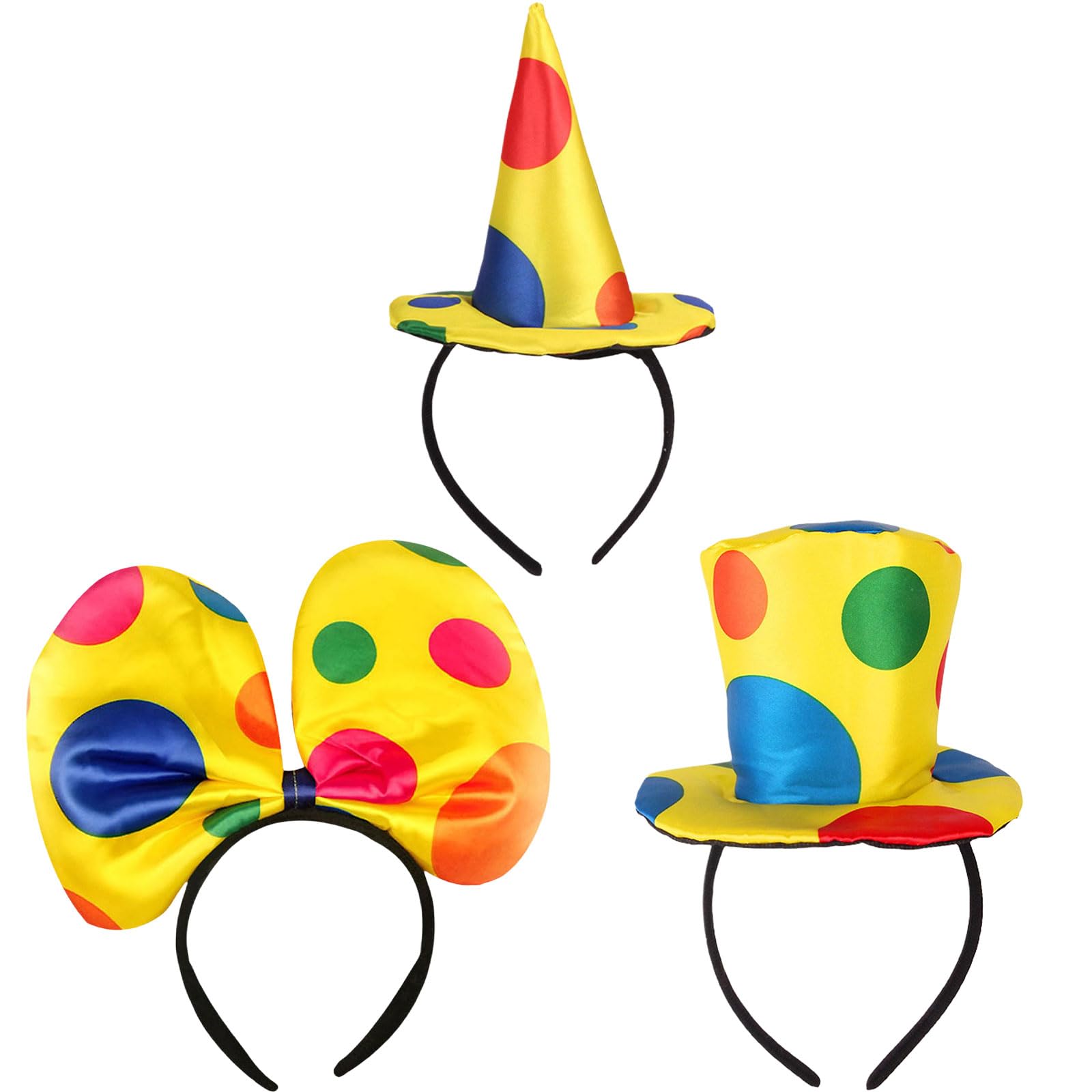 GWAWG 3PCS Clown Hat Headband,Jumbo Polka Dots Headwear,Bowknot Headdress Hairband,Jester Headband,clown top hat headband,pointed hat headband for Halloween Cosplay