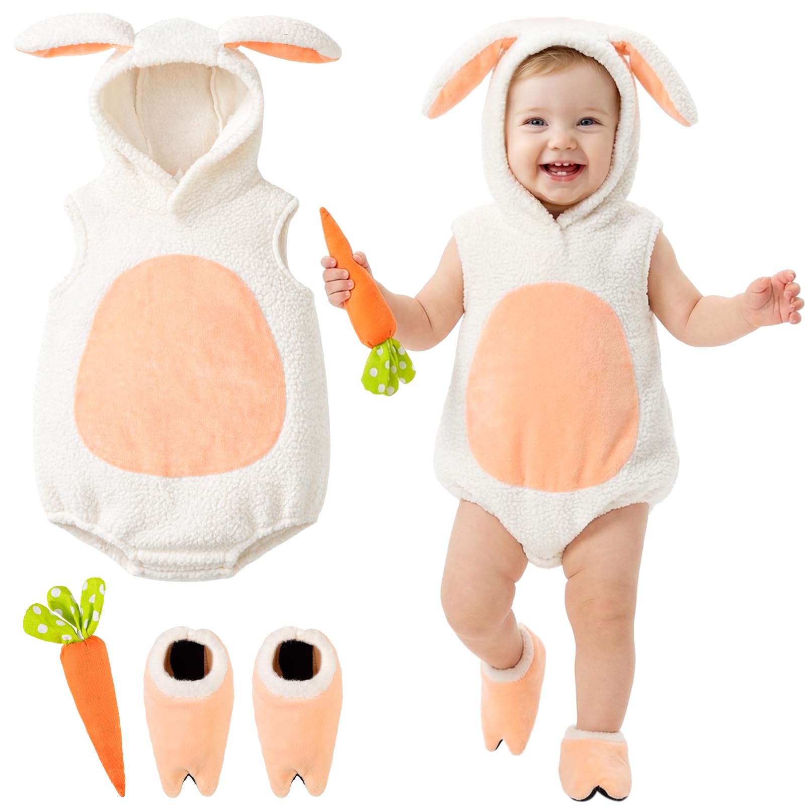 Beipegin Newborn Infant Girls Boys Bunny Costume Long Sleeve Bunny Bodysuit Onesie and Rabbit Hat Carrot Toy Baby Animal Costume