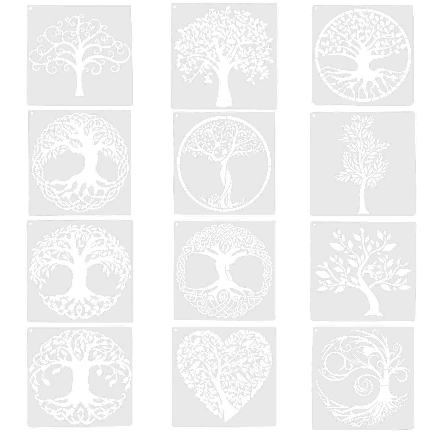 EOWVISN 12 Pieces Tree Of Life Painting Stencils, Plant Painting Stencils, Mural Stencils, Paint Stencils, Kids Graffiti Stencils, Diy Stencil Kit, Reusable Stencils