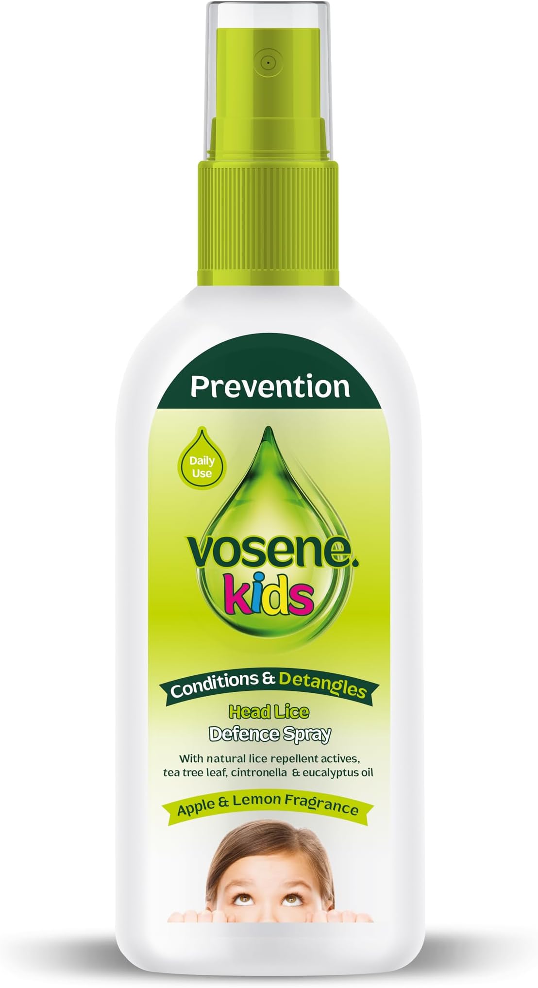 Vosene Kids Apple & Lemon Head Lice Defence Spray 150ml, Conditioning and detangling Natural Head lice Repellent with Tea Tree Leaf, citronella and Eucalyptus Oil, Helps to Keep headlice at Bay.
