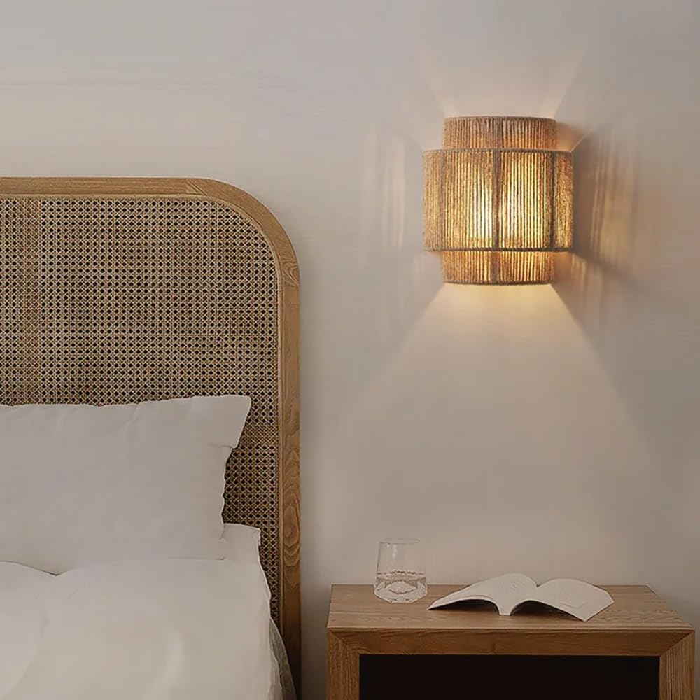 Appliques Murales En Rotin De 9 Pouces, Luminaires Muraux Boho Avec Corde De Chanvre, Appliques Murales Rustiques Pour Chambre À Coucher, Entrée, Éclairage Mural, Applique Murale Moderne Bohème