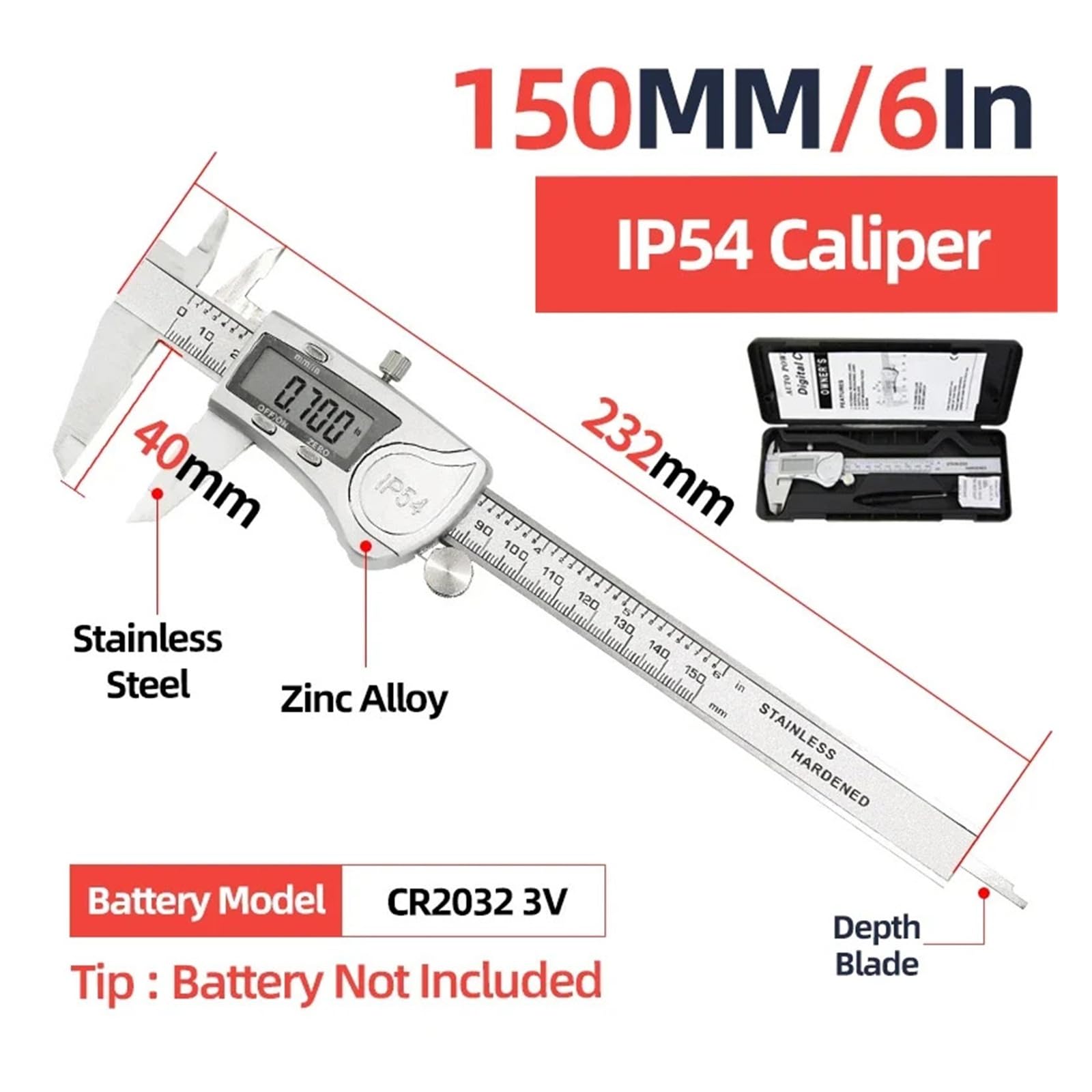 Calibro Calibri IP54 Calibro pachimetrico in Acciaio Inossidabile Strumenti di misurazione Calibro for carpentieri Righello in Metallo Vernier(Box IP54 Caliper)
