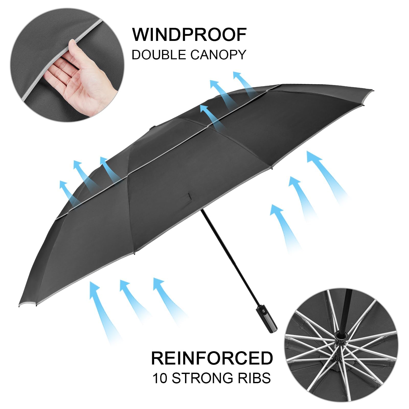 G4Free 152 cm automatycznie otwierany składany parasol z odblaskowym paskiem, 10 żeber, duży parasol golfowy, podróżny, kompaktowy, odwrócony parasol, wiatroszczelny, podwójny baldachim