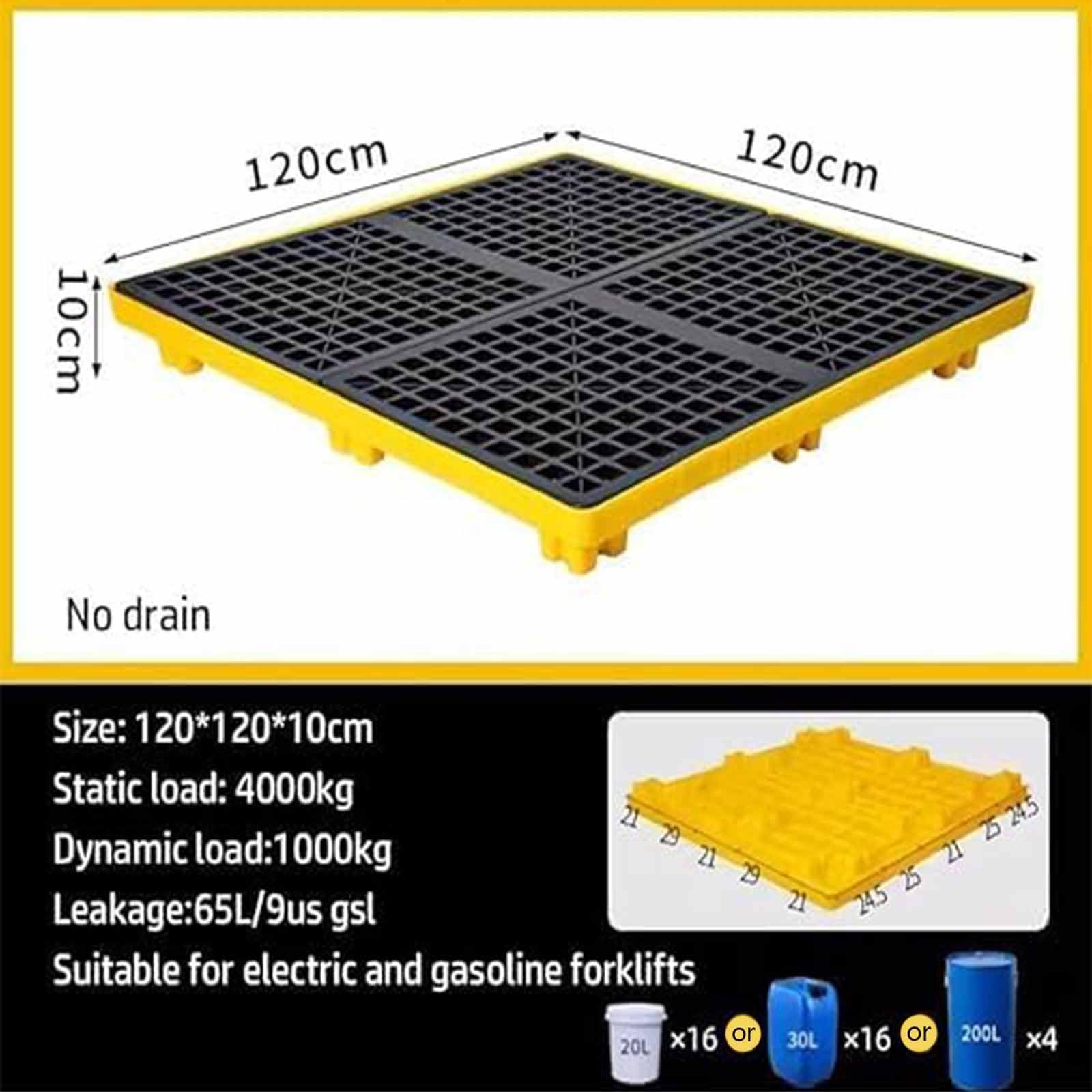 Generico Piattaforma di contenimento Industriale con griglia e Tasche per Carrello elevatore - Vassoio di contenimento Resistente per Magazzini e parchi, 120x120x10 cm, capacità di carico 500 kg, RES
