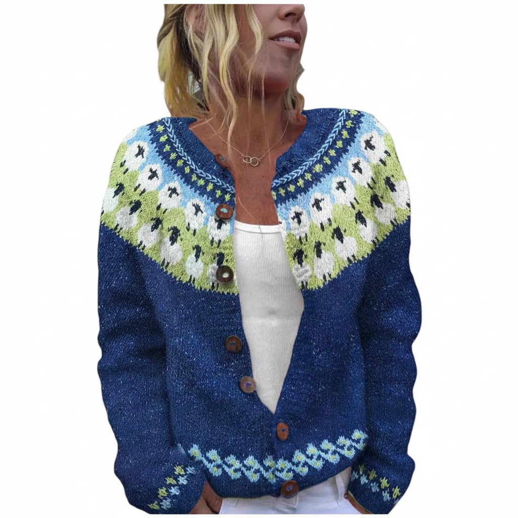 Womens Vintage Retro Crew Neck Fair Isle Knit Cardigan Ethnic Pattern Button Down Open Front Sweater Jacket