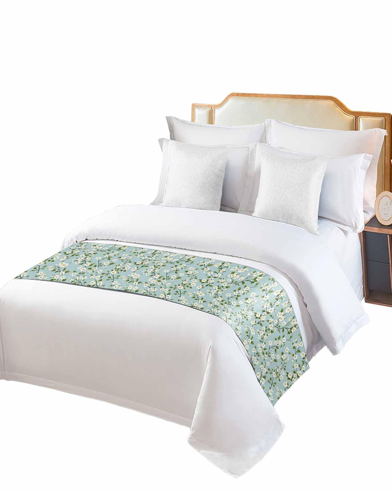 DecorLovee White Teal Spring Floral Bed Runners for Twin Size Bed, Decorative Bed Throws for Foot of Bed, Farmhouse Flowers Summer Botanical Bed Runner Sofa Throw Bedding Scarf Protector for Bedroom