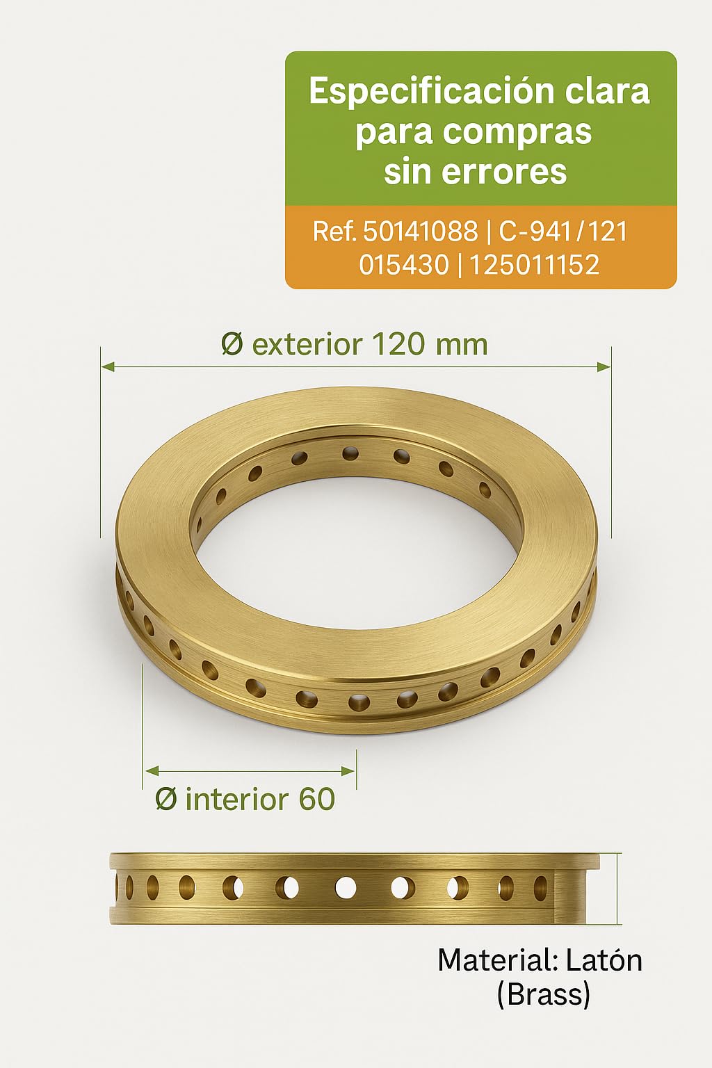 Corona Quemador Ø120 Mm Latón Gas Natural Propano C-941/121 Ref. 50141088 Dispersor Llama Profesional para Cocina Industrial Hostelería Diámetro Interior 60 Mm Recambio Técnico