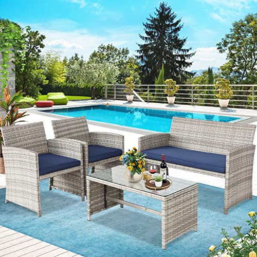 image for BPTD 4 Pieces Outdoor Furniture Set PE Wicker Ratten Chairs Set Conver