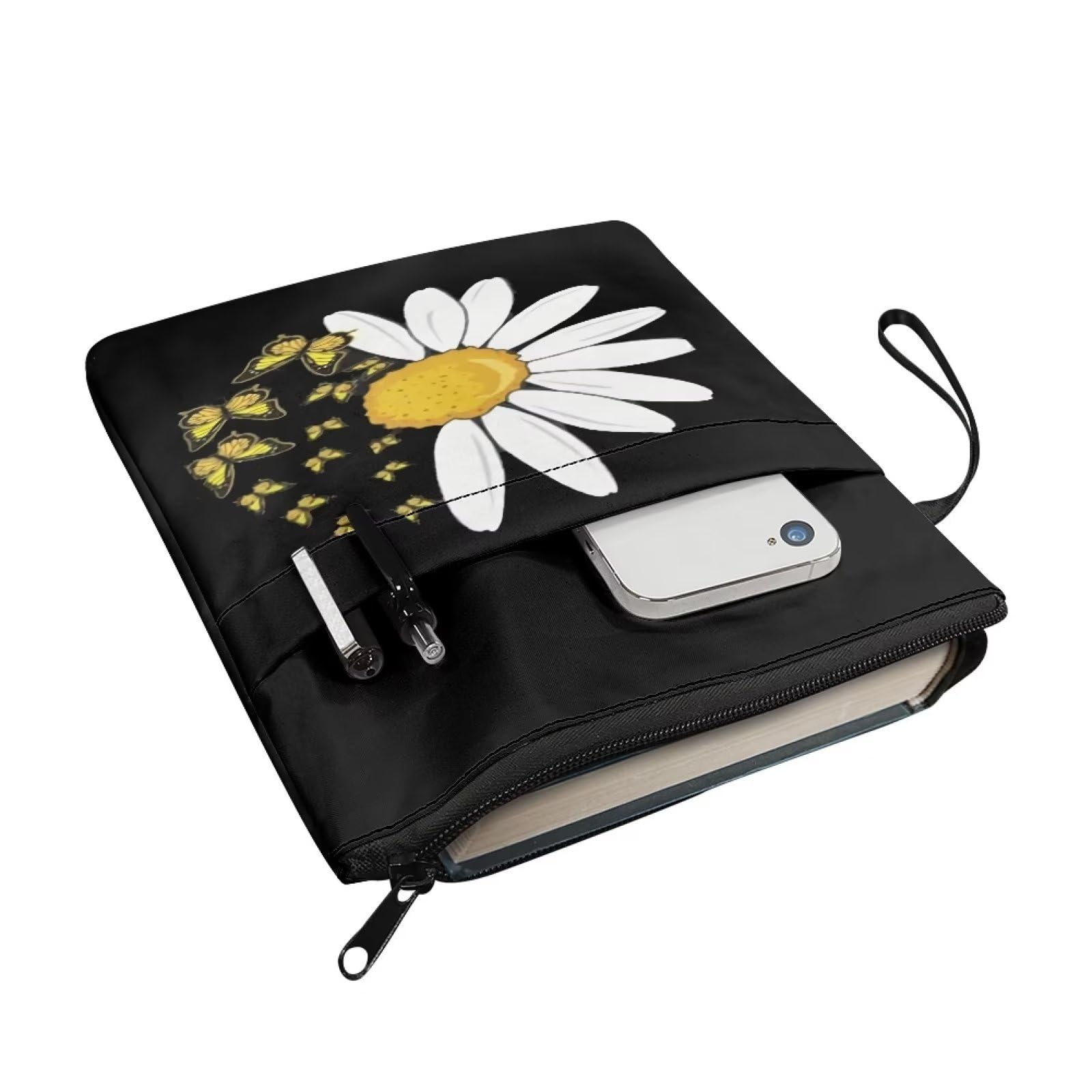 NETILGEN White Sunflowr Butterfly Book Cover Zipper Book Protector Cover with Front Pen Holder Pouch - Image 3