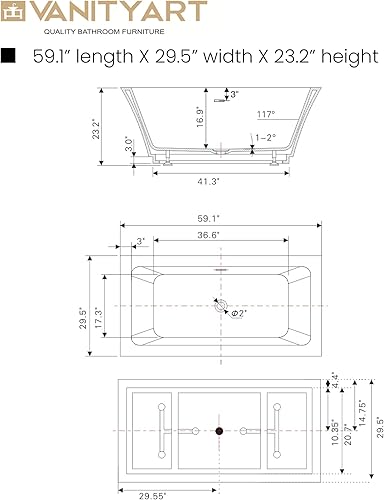 Miniatura 6 de Vanity Art Bañera independiente de 59 x 30 pulgadas  Bañeras de mejoras para el hogar con diseño contemporáneo para remojo y baño, desbordamiento y