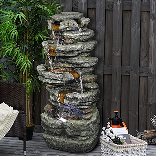 Image of SunJet 6-Tier Outdoor Water Fountain with LED Lights - 32.6inches Rock Water Fountains for Home Garden, Yard, Patio, Deck Decor - Soothing Tranquility Floor-Standing Waterfalls