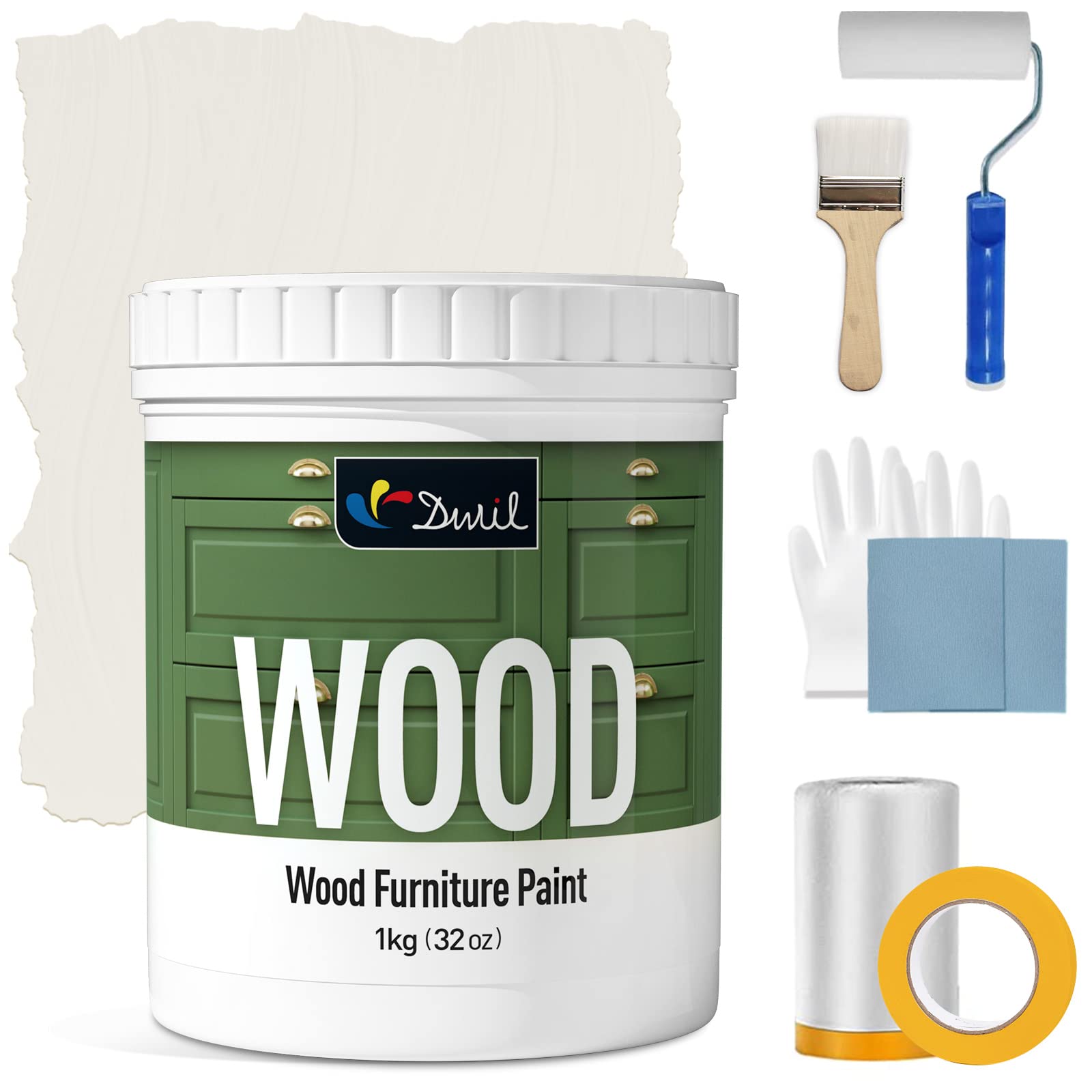 DWILMatte Finish Furniture Paint - 32 Oz Wood Paint for Cabinets, Doors, Tables, and Dressers Refinishing - Water-Based, Non-Toxic & Odorless, Easy to Apply(Ivory White)-With Tools