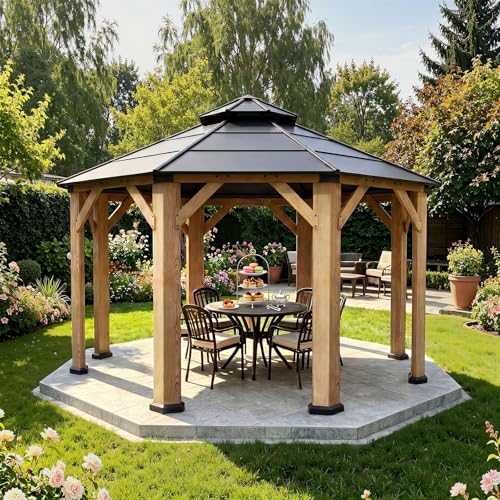 Image of Aoxun 13' x 13' Outdoor Wood Octagon Gazebo, Hardtop Gazebo Permanent Wooden Pavilion with Galvanized Steel Double Roof, for Packyard, Garden, Deck, Cedar Wood