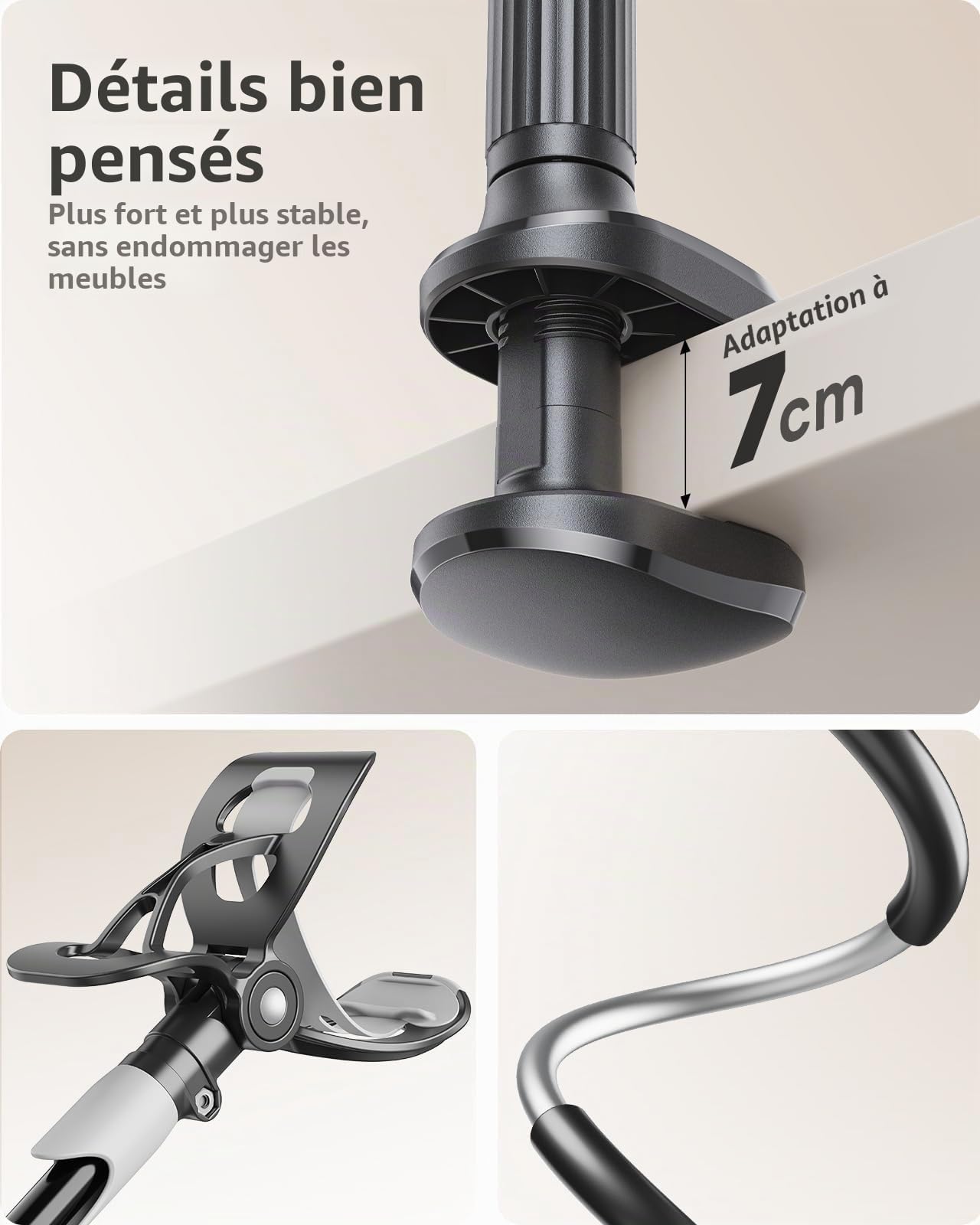 SAIJI Support de téléphone portable pour lit, col de cygne - Bras long rotatif à 360° - Pour iPhone 17, 16, 15, 14, 13, 12 Pro, écran de 4" à 7" - Noir