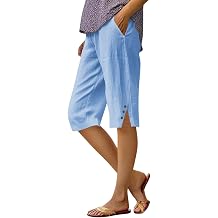 Cotton Linen Capri Pants for Women Petite Bermuda Shorts Knee Length Drawstring Pants Summer Beach Long Shorts