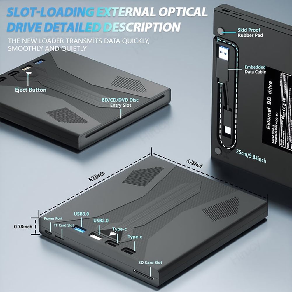 Externer Optischer Blu-Ray-Laufwerk Unterstützt 100G-Disc USB 3.0 und Typ-C DVD/CD/BD-Player für PC, Laptop und Desktop 3D-Optical-Blu-Ray-Laufwerk.