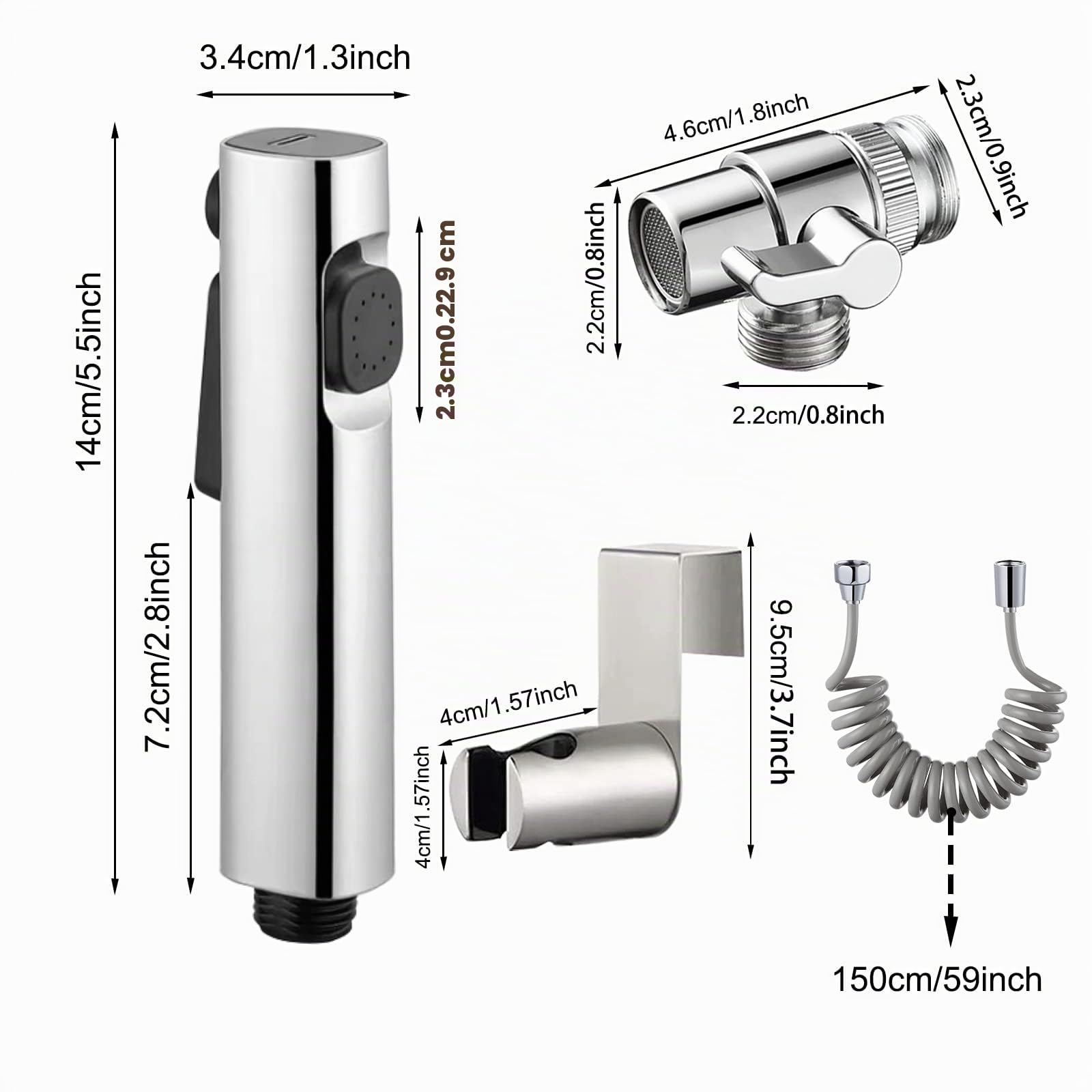 Kit Doccetta per Bidet Portatile -ABS Spruzzatore per WC con doppia modalità, Doccia con Deviatore 2 Vie, Tubo Flessibile da 150 cm e supporto