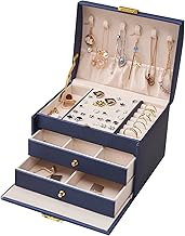 Women's Jewellery Box with 2 Drawers and 3 Layers, Storage for Watch, Necklace, Ring, Bracelet, Gift Idea (Blue)