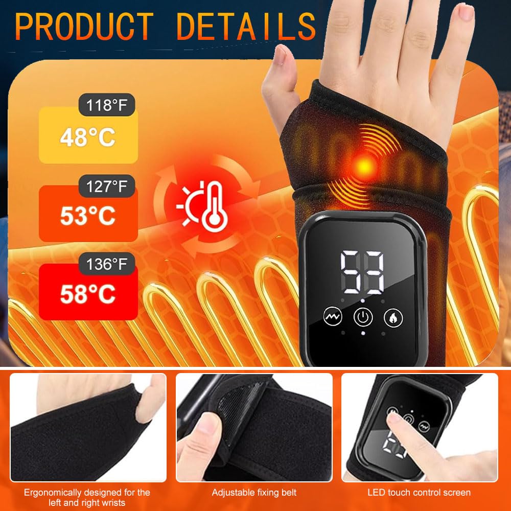 Masseur de Poignet Sans Fil avec Chaleur Vibration, Appareil de Massage pour Poignet Rechargeable, 3 Niveaux de Chaleur et 3 Modes Vibration, pour Relaxation Poignets et Main