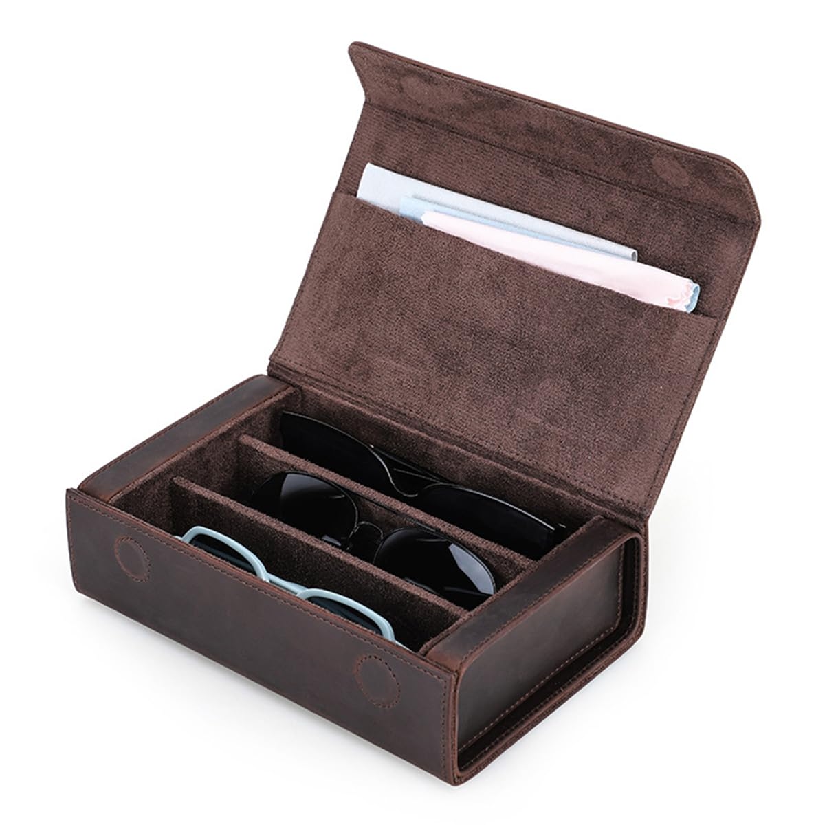 YUONNY 3 Scomparti Custodia per Occhiali in Vera Pelle da Donna Uomo, Vintage Scatola Porta da Viaggio per 3 Occhiali da Sole, Organizzatore Portatile di Occhiali per Casa All'aperto Coffee 3 Slot