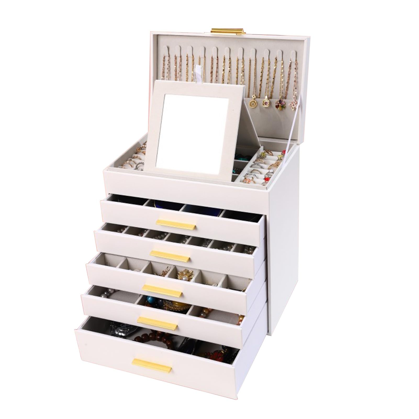 SDFSDE 6 Layer Jewelry Box With Mirror PU Leather Jewelry Organize Case For Earrings, Rings, Bracelets, Watches, Necklace