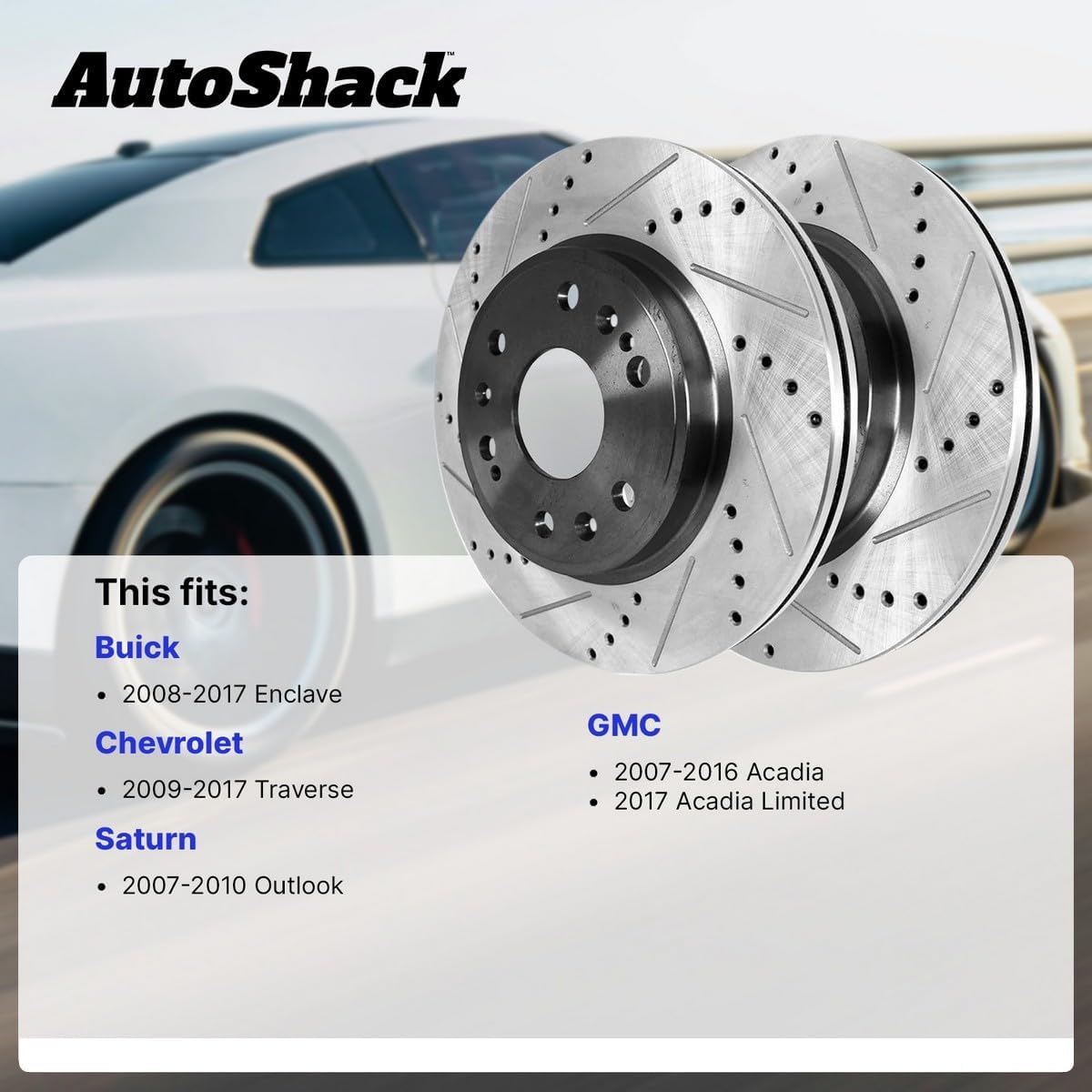 AutoShack Front Vented Drilled & Slotted E-Coated Brake Rotors 2-PC Set Replacement for 2007-2017 GMC Acadia 2009-2017 Chevrolet Traverse 2008-2017 Buick Enclave ShadowGuard 12.8" (325 mm)