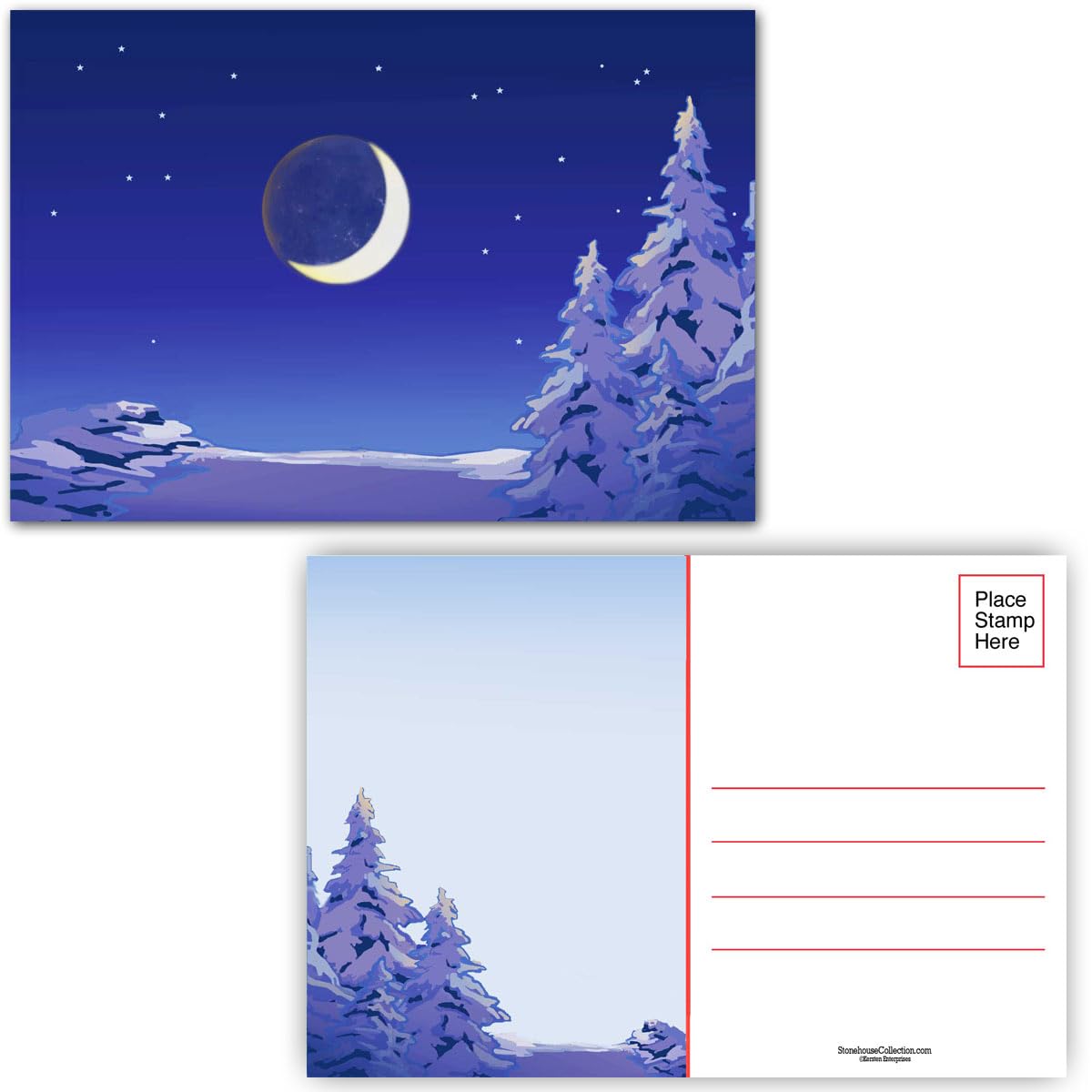 Stonehouse Collection| Cresent Moon Christmas Postcards | 40 Beautiful Snowy Tree Postcards | 4 x 6 Inch Postcards | Fill in the Blank Postcards (