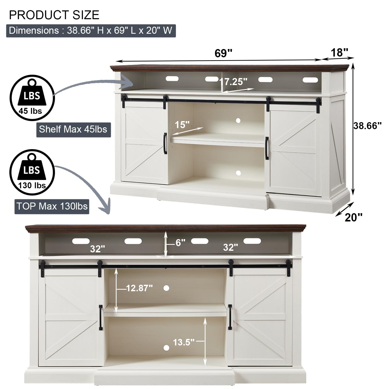 Farmhouse TV Stand for 80 Inch TVs, 38