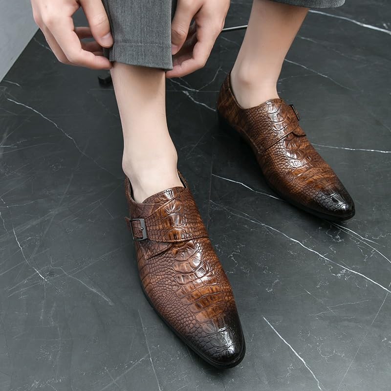 HOOENG Formal Shoes for Men Slip On Pointed Burnished Toe Faux Leather Crocodile Print Monk Strap Block Heel Slip Resistant Anti-Slip Outdoor(Color:Brown,Size:11)4