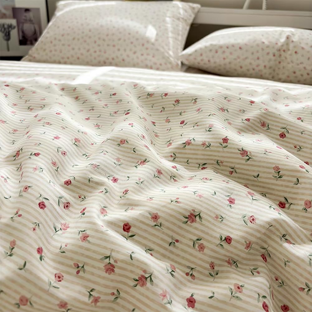 Housse De Couette 200x200 Cm 100% Coton - Motif Fleurs Roses Et Feuilles Vertes Sur Fond Beige - 3 Pièces (Housse + 2 Taies 65x65) - 7